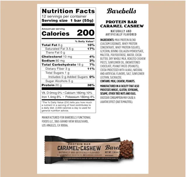 Barebells Caramel Cashew Protein Bar – 12-Pack (55g Each) 660g- High-Protein, Low-Sugar Snack
