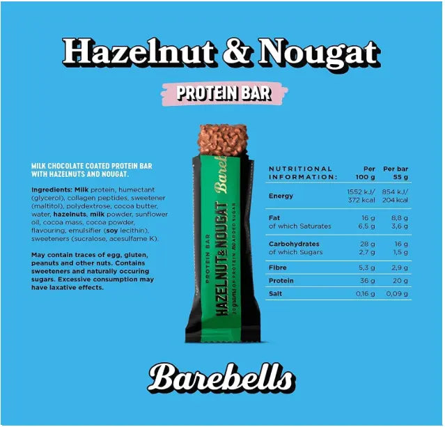 Barebells Hazelnut & Nougat Protein Bar – 12-Pack (55g Each) 660g- High-Protein, Low-Sugar Snack