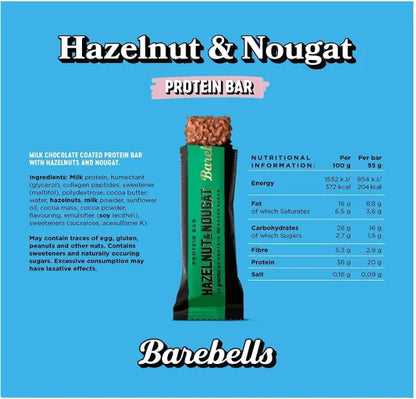 Barebells Hazelnut & Nougat Protein Bar – 12-Pack (55g Each) 660g- High-Protein, Low-Sugar Snack