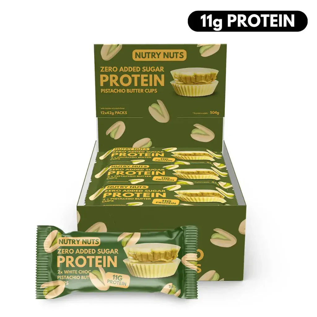 Nutry Nuts Protein Whit Choc Pistachio Peanut Butter Cups | High Protein Snack | Gluten-Free | No Palm Oil | Delicious Chocolate Treat- 12x42g